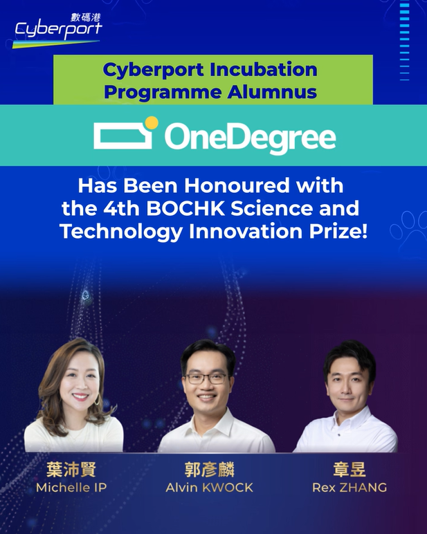 Cyberport Incubation Programme Alumnus OneDegree Has Been Honoured with the 4th BOCHK Science and Technology Innovation Prize.